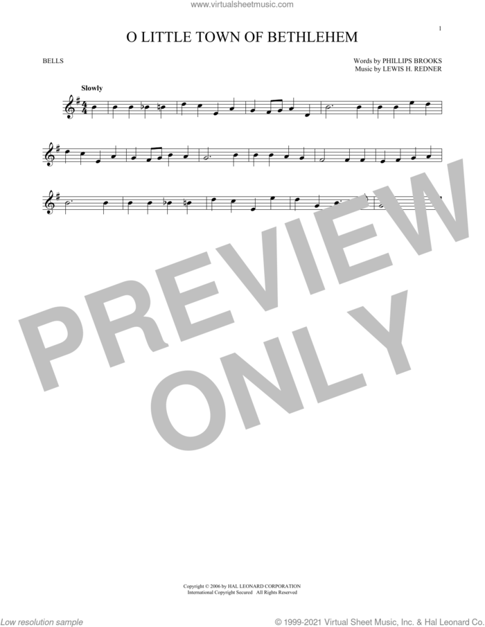 O Little Town Of Bethlehem sheet music for Hand Bells Solo (bell solo) by Lewis Redner and Phillips Brooks, intermediate Hand Bells Solo (bell)