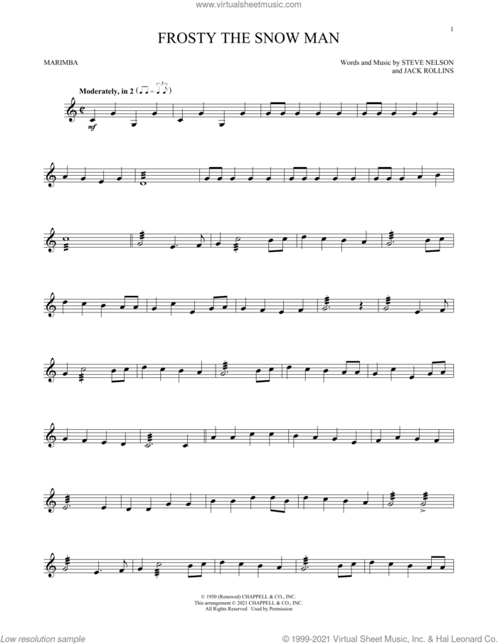 Frosty The Snow Man sheet music for Marimba Solo by Steve Nelson, Will Rapp and Jack Rollins, intermediate skill level