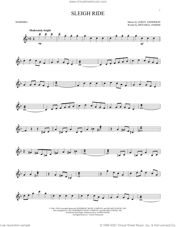 Sleigh Ride sheet music for Marimba Solo by Mitchell Parish, Will Rapp and Leroy Anderson, intermediate skill level