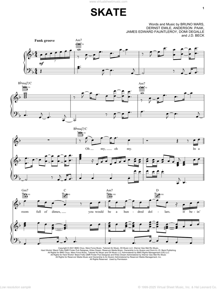 Skate sheet music for voice, piano or guitar by Silk Sonic, Brandon Paak Anderson, Bruno Mars, Christopher Brody Brown and Dernst Emile, intermediate skill level