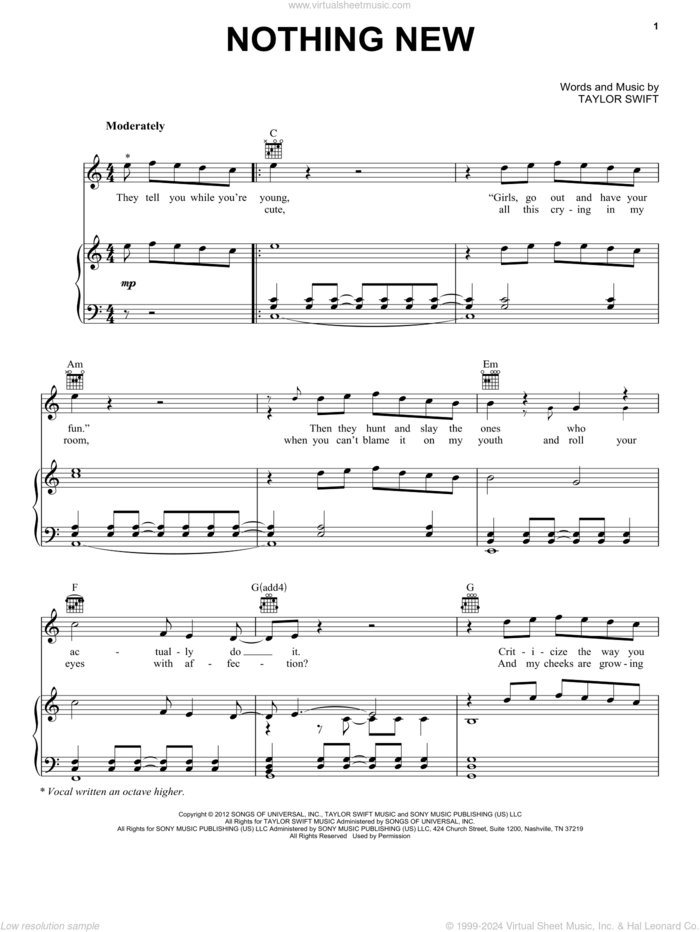 Nothing New (feat. Phoebe Bridgers) (Taylor's Version) (From The Vault) sheet music for voice, piano or guitar by Taylor Swift, intermediate skill level