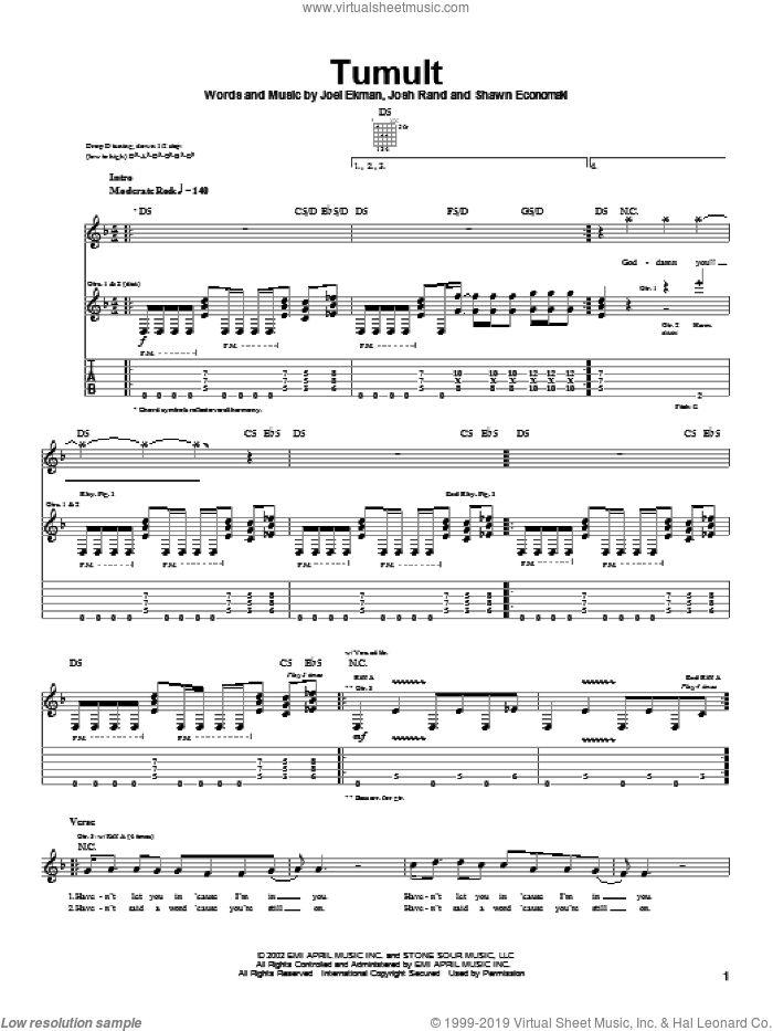 Tumult sheet music for guitar (tablature) by Stone Sour, Joel Ekman, Josh Rand and Shawn Economaki, intermediate skill level