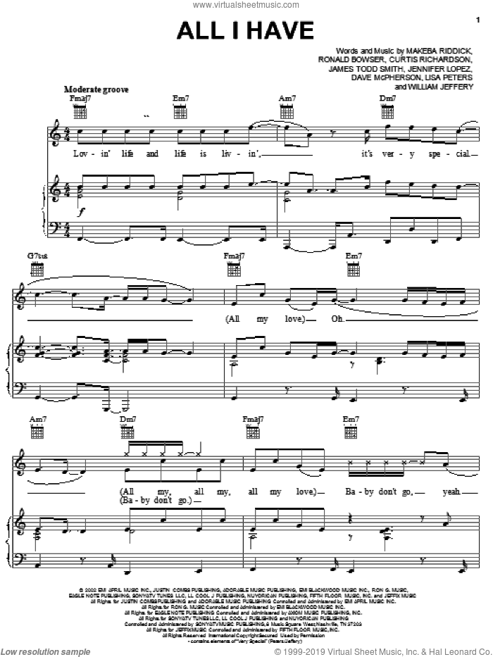 All I Have sheet music for voice, piano or guitar by Jennifer Lopez featuring LL Cool J, Jennifer Lopez, LL Cool J, Calvin Richardson, Makeba Riddick and Ronald Bowser, intermediate skill level