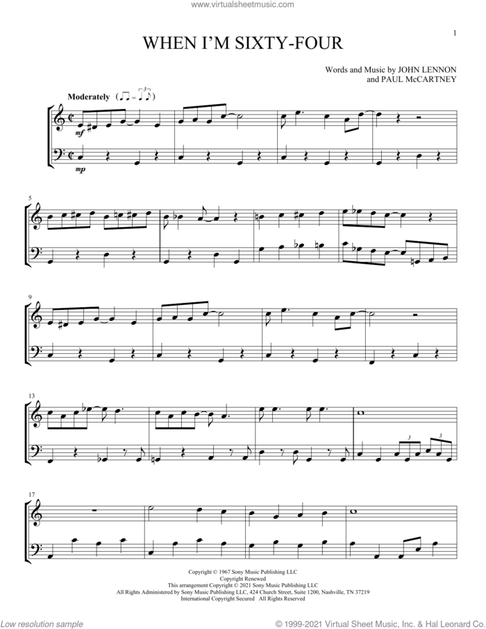 When I'm Sixty-Four sheet music for instrumental duet (duets) by The Beatles, John Lennon and Paul McCartney, intermediate skill level