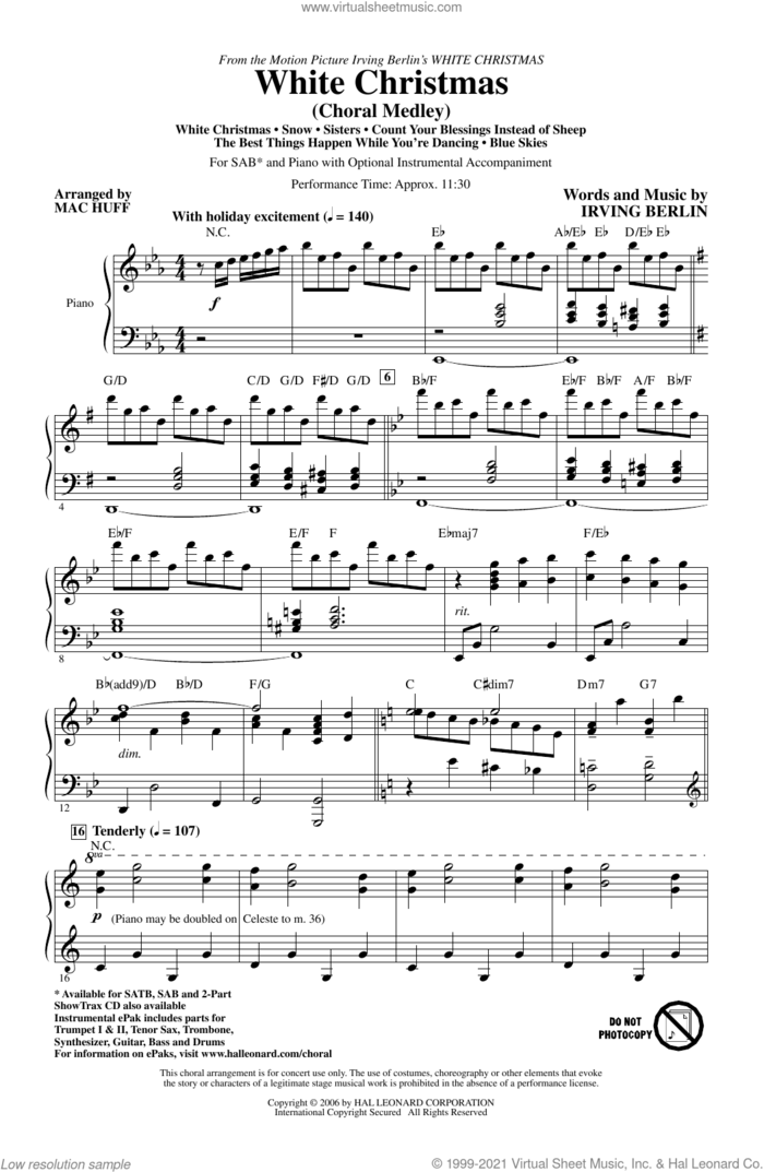White Christmas (Choral Medley) (arr. Mac Huff) sheet music for choir (SAB: soprano, alto, bass) by Irving Berlin and Mac Huff, intermediate skill level