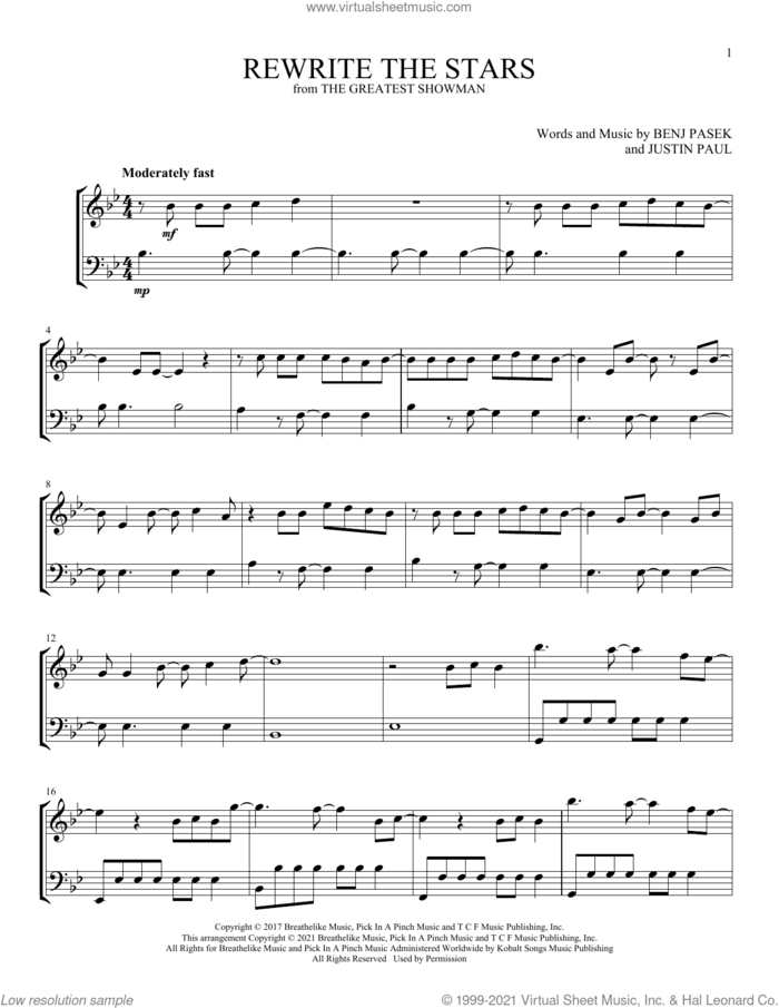 Rewrite The Stars (from The Greatest Showman) sheet music for instrumental duet (duets) by Pasek & Paul, Benj Pasek and Justin Paul, intermediate skill level