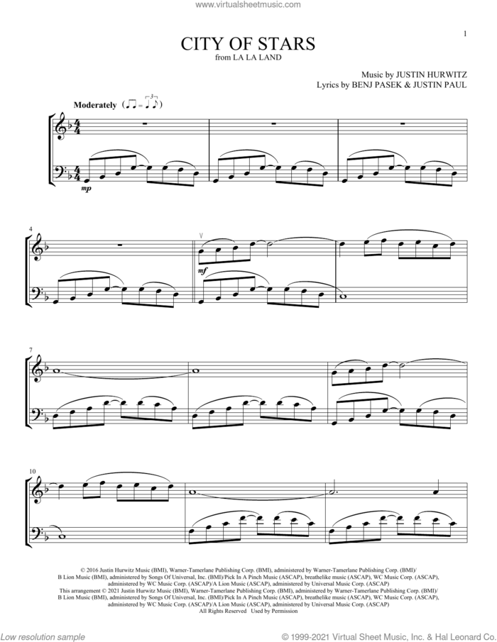 City Of Stars (from La La Land) sheet music for instrumental duet (duets) by Ryan Gosling & Emma Stone, Benj Pasek, Justin Hurwitz and Justin Paul, intermediate skill level