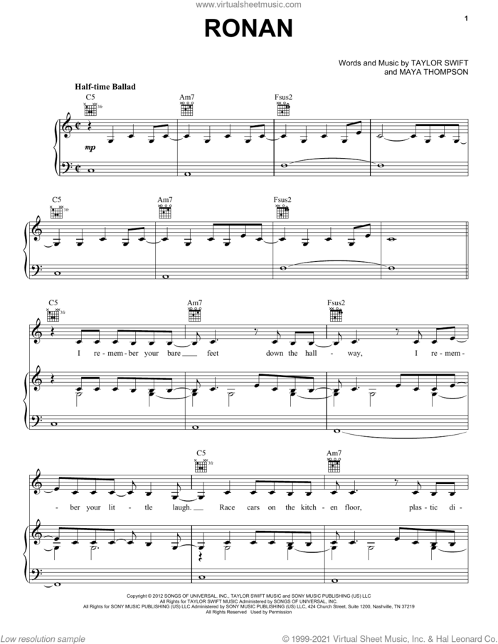Ronan (Taylor's Version) sheet music for voice, piano or guitar by Taylor Swift and Maya Thompson, intermediate skill level