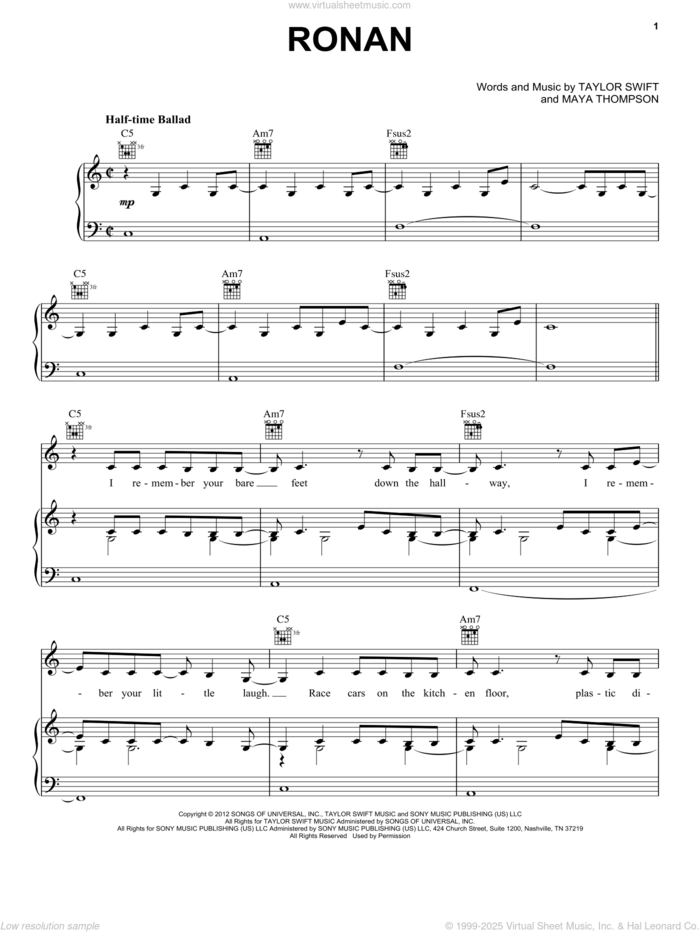 Ronan (Taylor's Version) sheet music for voice, piano or guitar by Taylor Swift and Maya Thompson, intermediate skill level