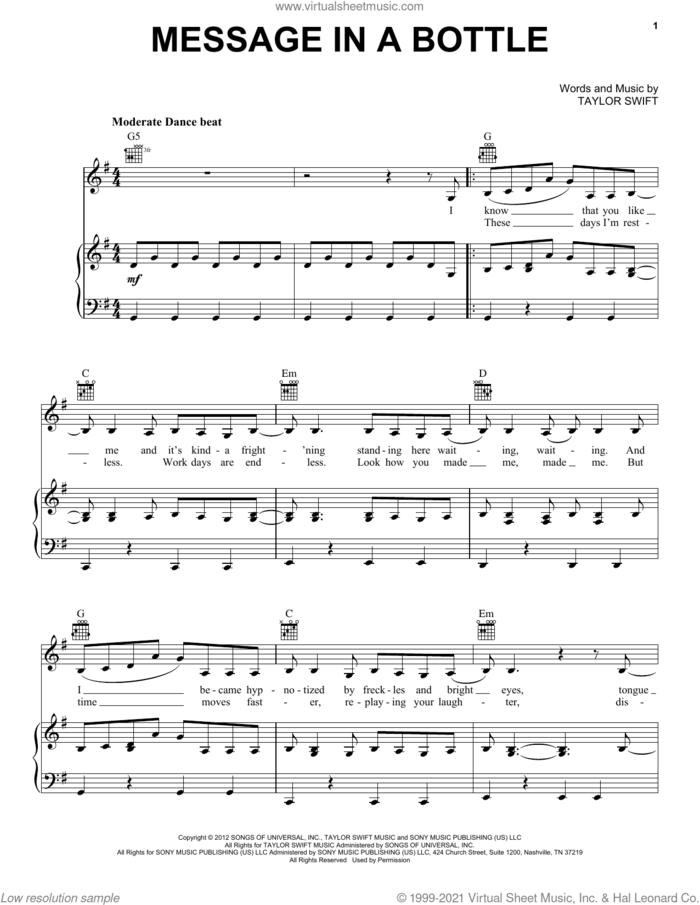 Message In A Bottle (Taylor's Version) (From The Vault) sheet music for voice, piano or guitar by Taylor Swift, intermediate skill level