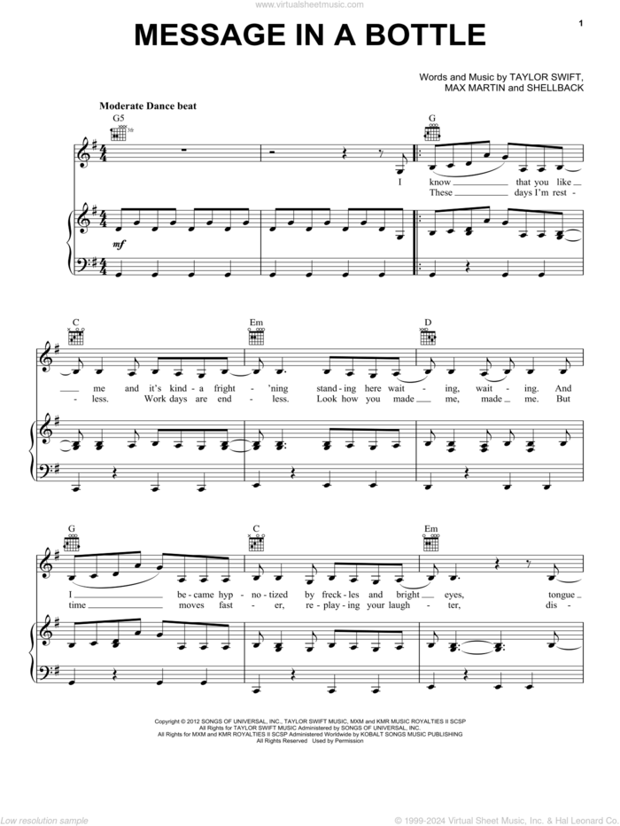 Message In A Bottle (Taylor's Version) (From The Vault) sheet music for voice, piano or guitar by Taylor Swift, intermediate skill level