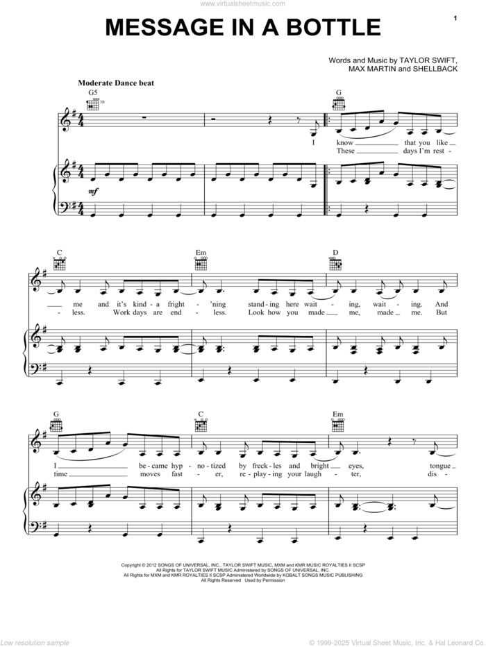 Message In A Bottle (Taylor's Version) (From The Vault) sheet music for voice, piano or guitar by Taylor Swift, intermediate skill level