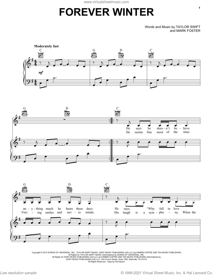 Forever Winter (Taylor's Version) (From The Vault) sheet music for voice, piano or guitar by Taylor Swift and Mark Foster, intermediate skill level