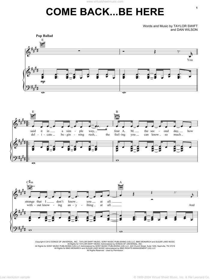 Come Back...Be Here (Taylor's Version) sheet music for voice, piano or guitar by Taylor Swift and Dan Wilson, intermediate skill level