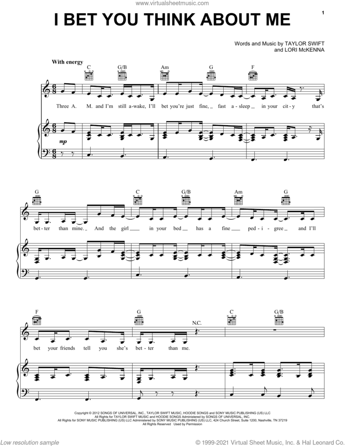 I Bet You Think About Me (feat. Chris Stapleton) (Taylor's Version) (From The Vault) sheet music for voice, piano or guitar by Taylor Swift and Lori McKenna, intermediate skill level