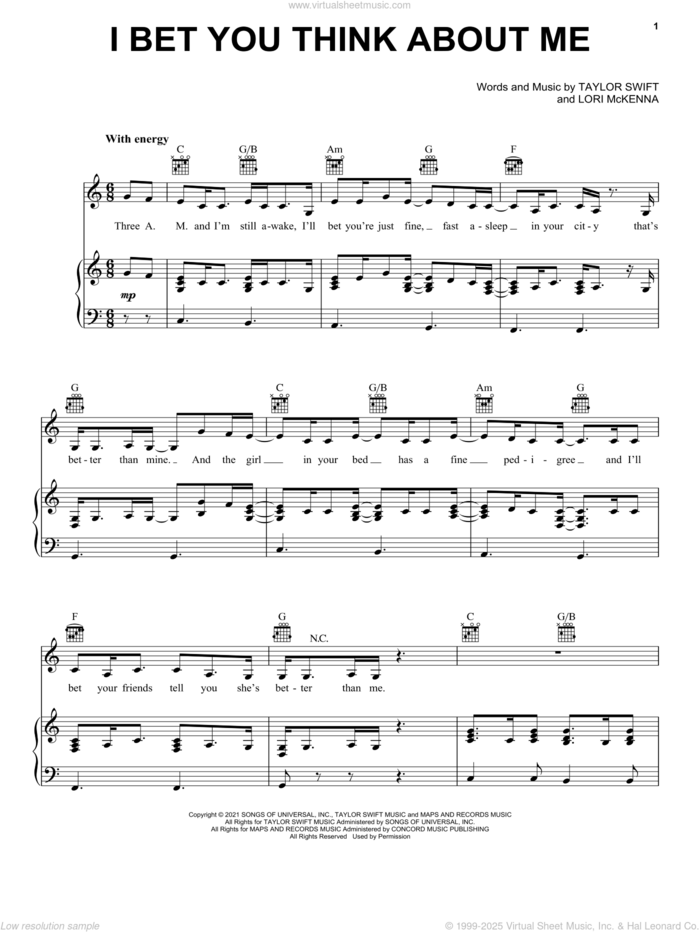 I Bet You Think About Me (feat. Chris Stapleton) (Taylor's Version) (From The Vault) sheet music for voice, piano or guitar by Taylor Swift and Lori McKenna, intermediate skill level