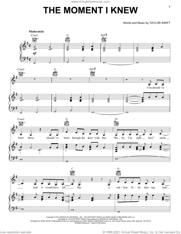The Moment I Knew (Taylor's Version) sheet music for voice, piano or guitar by Taylor Swift, intermediate skill level