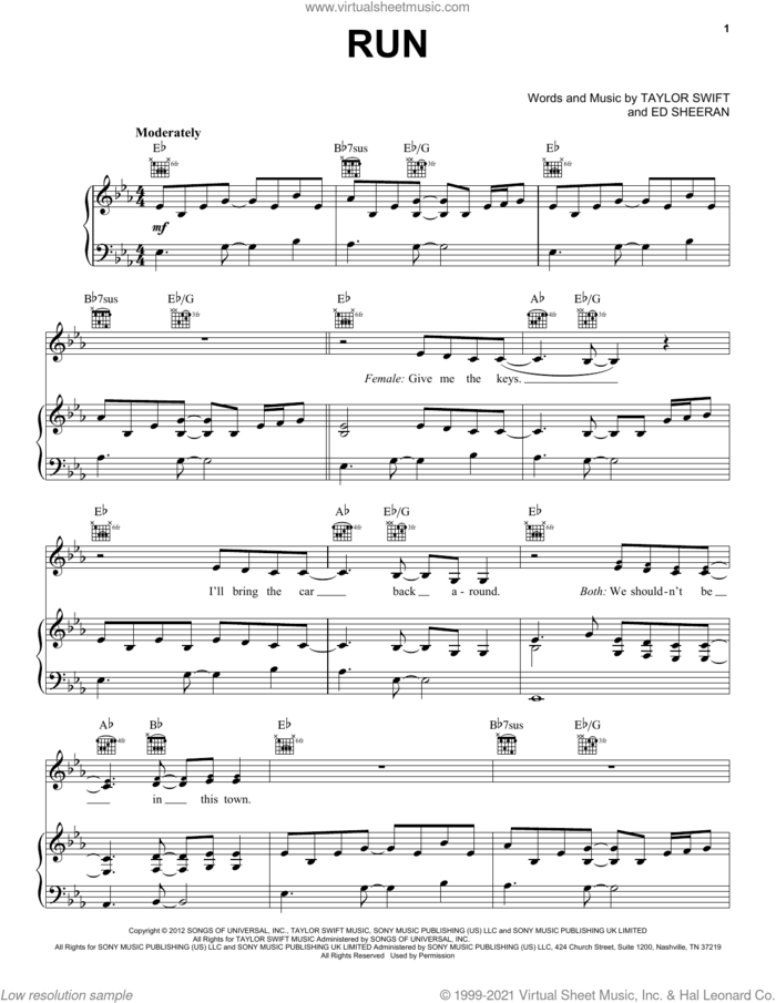 Run (feat. Ed Sheeran) (Taylor's Version) (From The Vault) sheet music for voice, piano or guitar by Taylor Swift and Ed Sheeran, intermediate skill level