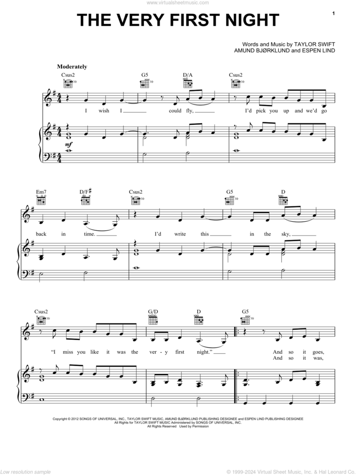 The Very First Night (Taylor's Version) (From The Vault) sheet music for voice, piano or guitar by Taylor Swift and Liz Rose, intermediate skill level