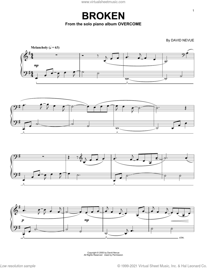 Broken sheet music for piano solo by David Nevue, intermediate skill level