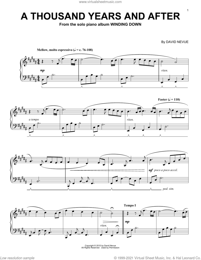 A Thousand Years And After sheet music for piano solo by David Nevue, intermediate skill level