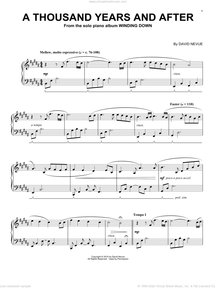 A Thousand Years And After sheet music for piano solo by David Nevue, intermediate skill level