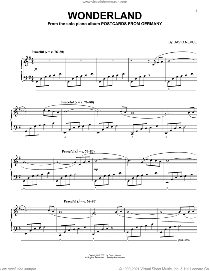 Wonderland sheet music for piano solo by David Nevue, intermediate skill level