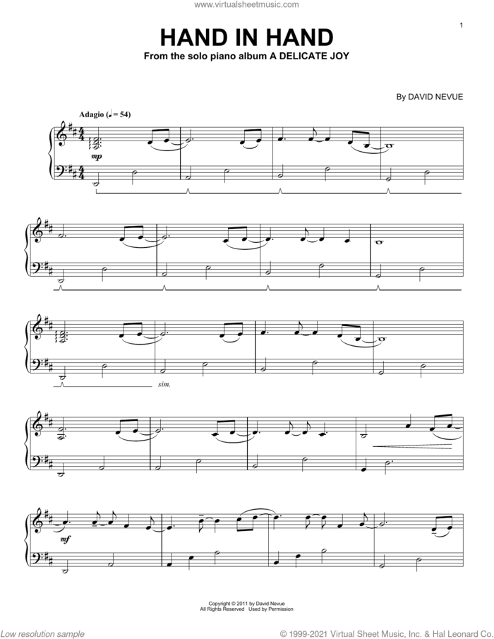 Hand In Hand sheet music for piano solo by David Nevue, intermediate skill level