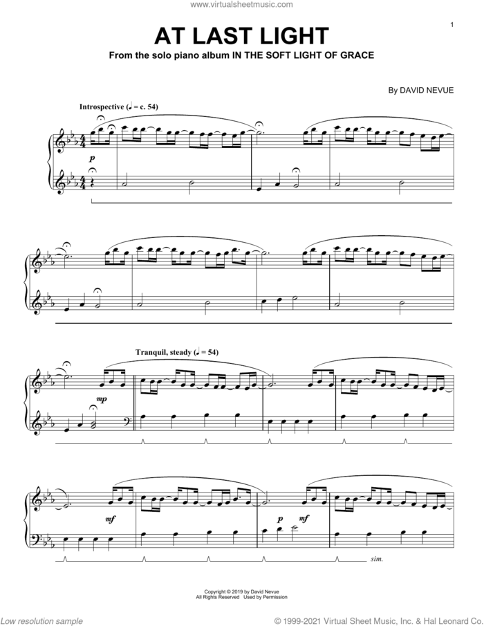 At Last Light sheet music for piano solo by David Nevue, intermediate skill level