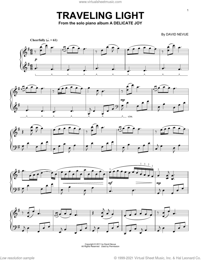 Traveling Light sheet music for piano solo by David Nevue, intermediate skill level