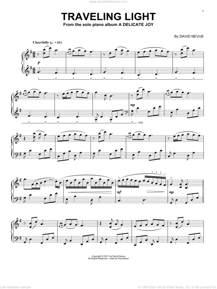 Traveling Light sheet music for piano solo by David Nevue, intermediate skill level