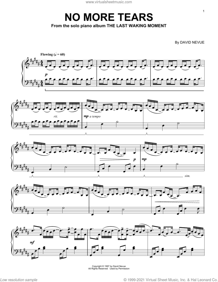 No More Tears sheet music for piano solo by David Nevue, intermediate skill level