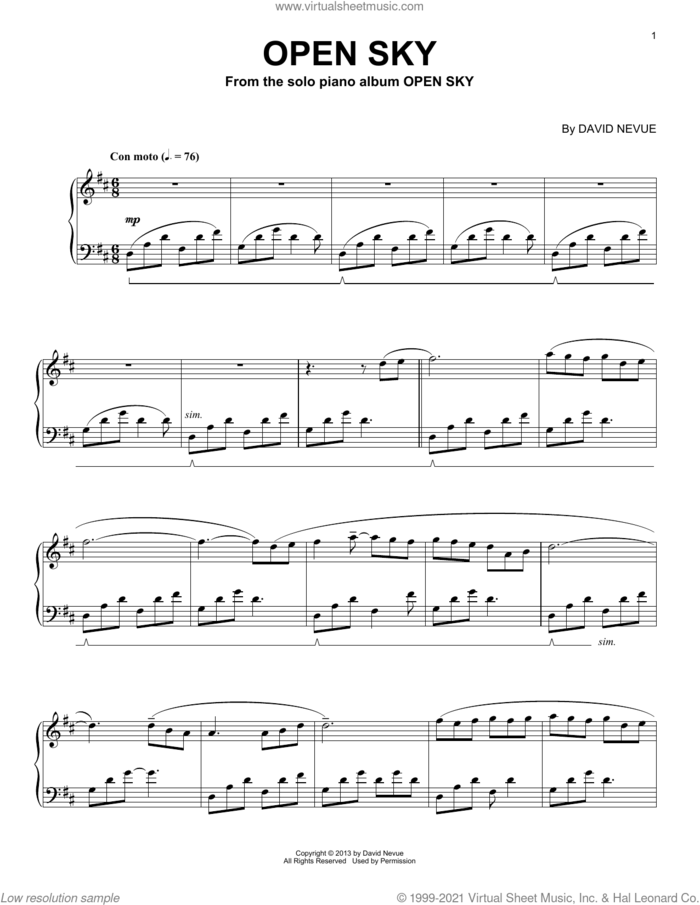 Open Sky sheet music for piano solo by David Nevue, intermediate skill level