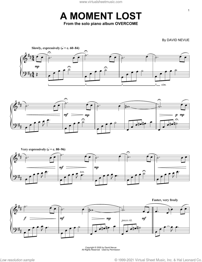 A Moment Lost, (intermediate) sheet music for piano solo by David Nevue, intermediate skill level