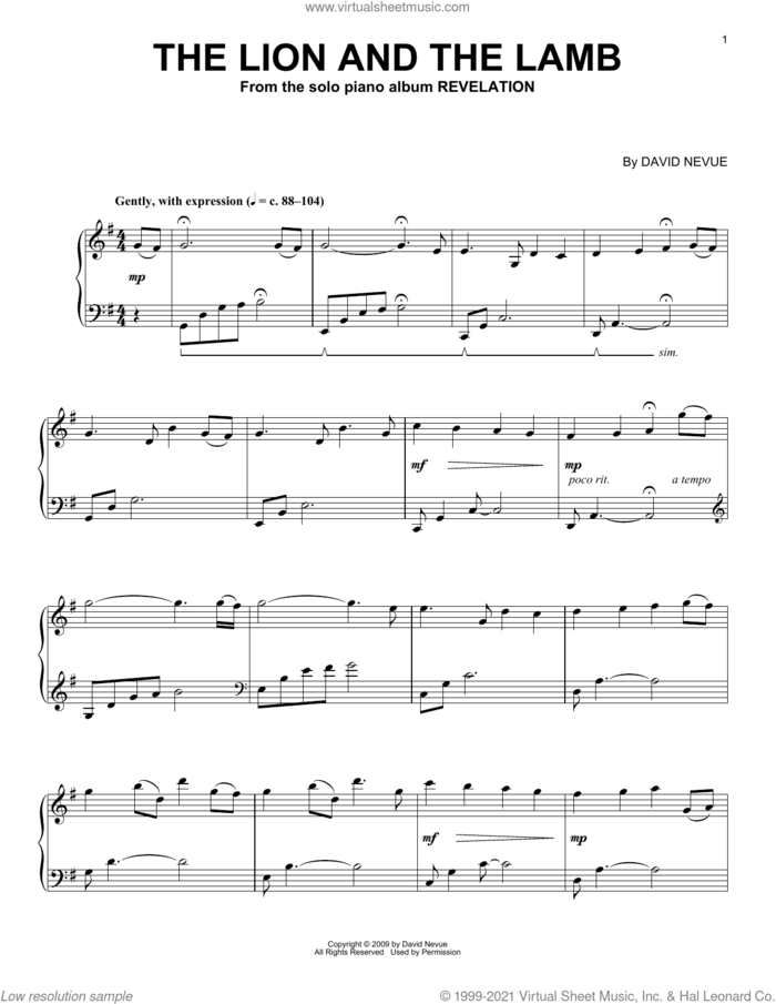 The Lion And The Lamb sheet music for piano solo by David Nevue, intermediate skill level