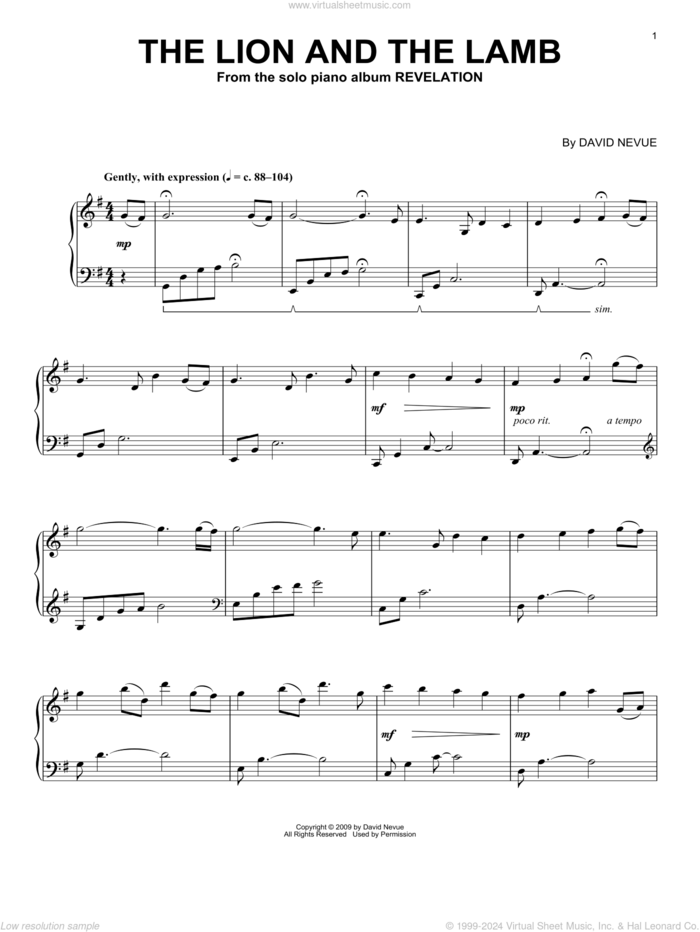 The Lion And The Lamb sheet music for piano solo by David Nevue, intermediate skill level