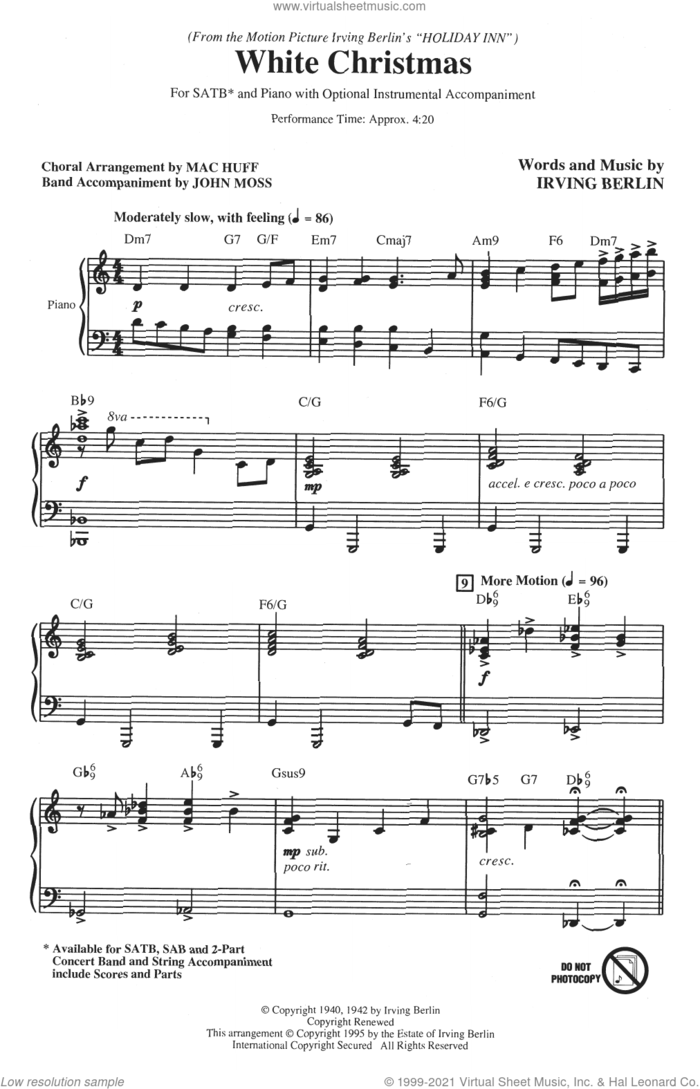 White Christmas (from Holiday Inn) (arr. Mac Huff) sheet music for choir (SATB: soprano, alto, tenor, bass) by Irving Berlin, John Moss and Mac Huff, intermediate skill level