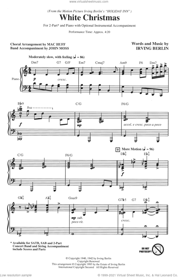 White Christmas (from Holiday Inn) (arr. Mac Huff) sheet music for choir (2-Part) by Irving Berlin, John Moss and Mac Huff, intermediate duet