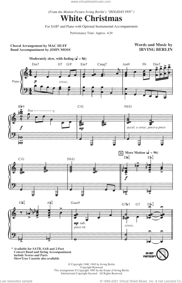 White Christmas (from Holiday Inn) (arr. Mac Huff) sheet music for choir (SAB: soprano, alto, bass) by Irving Berlin, John Moss and Mac Huff, intermediate skill level