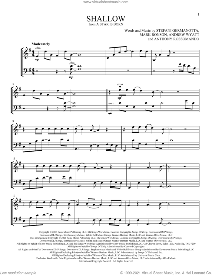 Shallow (from A Star Is Born) sheet music for instrumental duet (duets) by Lady Gaga & Bradley Cooper, Andrew Wyatt, Anthony Rossomando, Lady Gaga and Mark Ronson, intermediate skill level