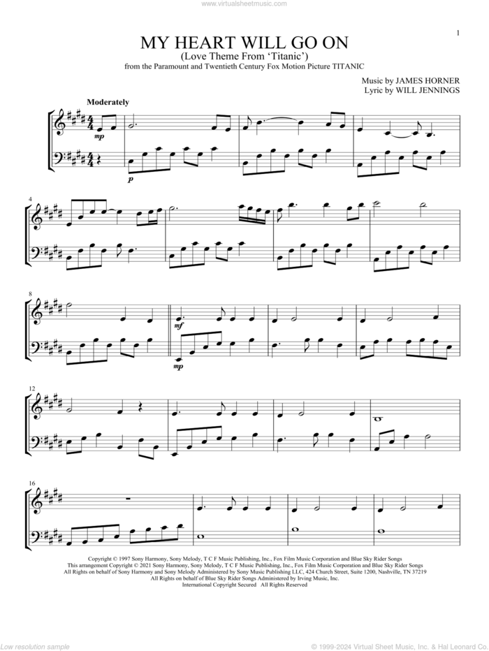 My Heart Will Go On (Love Theme From 'Titanic') sheet music for instrumental duet (duets) by Celine Dion, James Horner and Will Jennings, wedding score, intermediate skill level