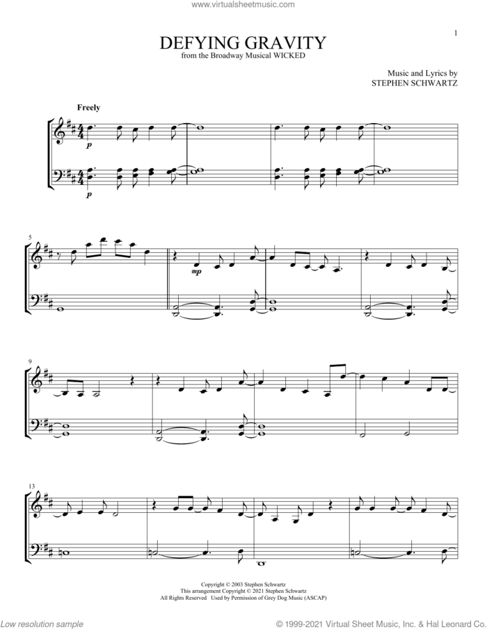 Defying Gravity (from Wicked) sheet music for instrumental duet (duets) by Stephen Schwartz, intermediate skill level