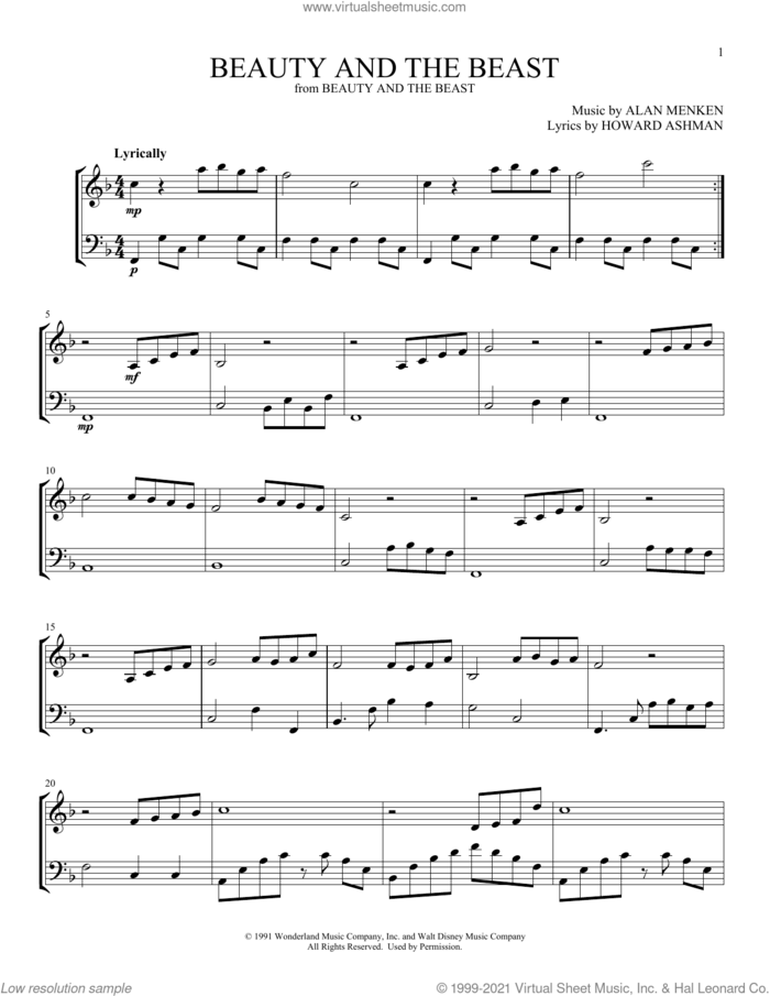 Beauty And The Beast sheet music for instrumental duet (duets) by Celine Dion & Peabo Bryson, Alan Menken and Howard Ashman, intermediate skill level