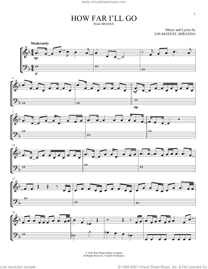 How Far I'll Go (from Moana) sheet music for instrumental duet (duets) by Lin-Manuel Miranda and Alessia Cara, intermediate skill level