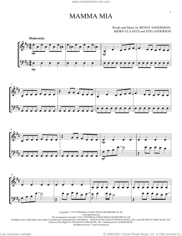 Mamma Mia sheet music for instrumental duet (duets) by ABBA, Benny Andersson, Bjorn Ulvaeus and Stig Anderson, intermediate skill level