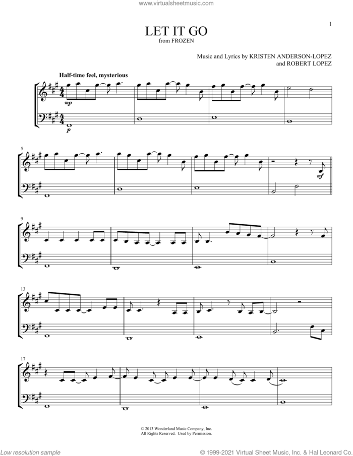 Let It Go (from Frozen) sheet music for instrumental duet (duets) by Idina Menzel, Kristen Anderson-Lopez and Robert Lopez, intermediate skill level