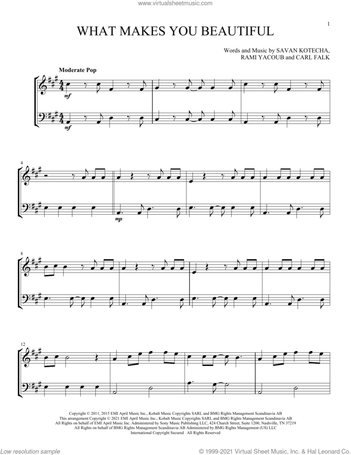 What Makes You Beautiful sheet music for instrumental duet (duets) by One Direction, Carl Falk, Rami and Savan Kotecha, intermediate skill level