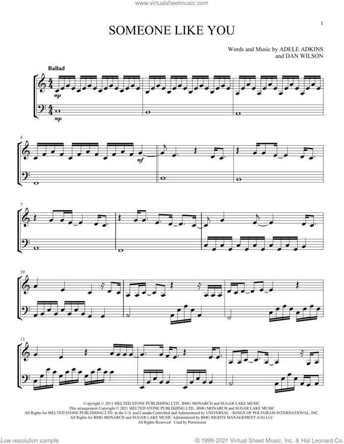 Someone Like You sheet music for instrumental duet (duets) by Adele, Adele Adkins and Dan Wilson, intermediate skill level