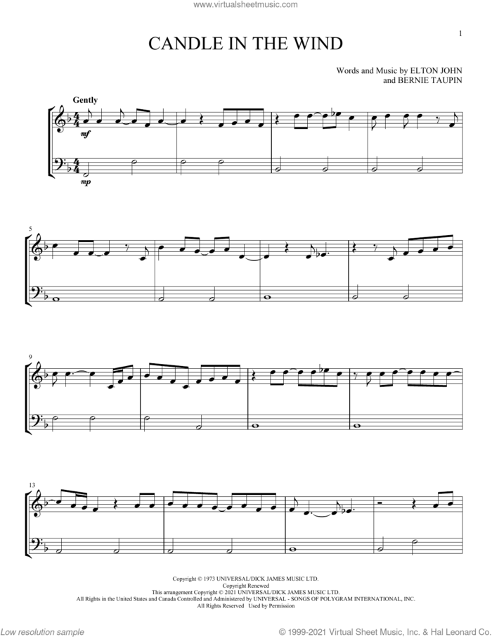 Candle In The Wind sheet music for instrumental duet (duets) by Elton John and Bernie Taupin, intermediate skill level