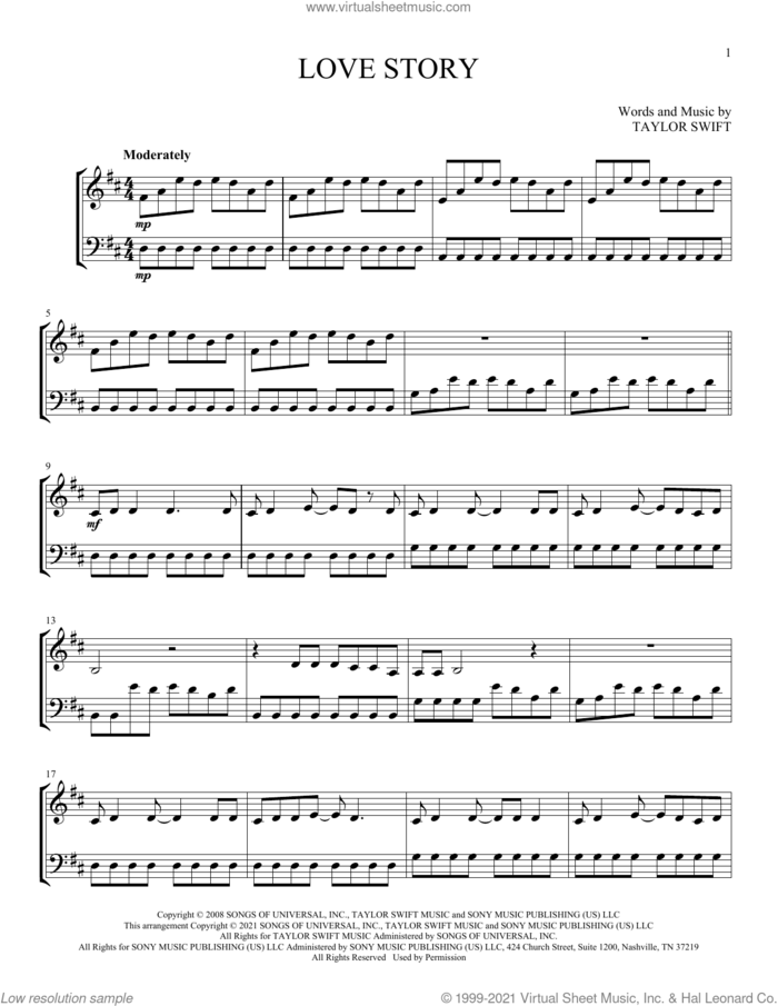 Love Story sheet music for instrumental duet (duets) by Taylor Swift, intermediate skill level